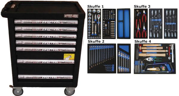 BATO Værktøjsvogn med 7 skuffer. 4 skuffer med 140 dele værktøj. Model 9124-140. Sort