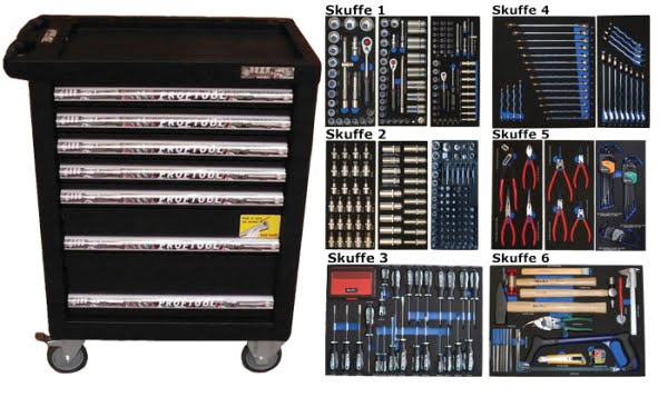 BATO Værktøjsvogn med 7 skuffer. 6 skuffer med 468 dele værktøj. Model 9124-468. Sort