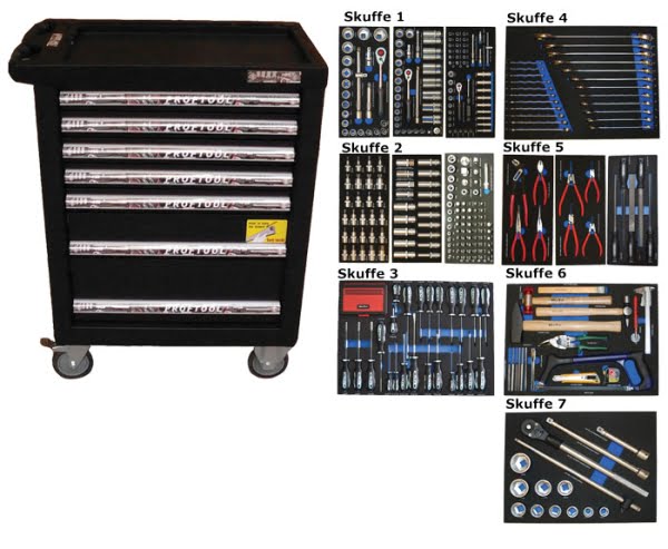 BATO Værktøjsvogn med 7 skuffer med 450 dele værktøj. Model 9124-450. Sort