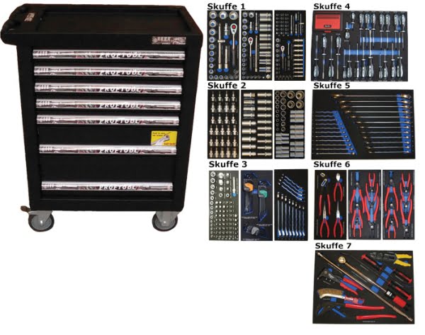 BATO Værktøjsvogn med 7 skuffer med 486 dele værktøj. Model 9124-486 . Sort