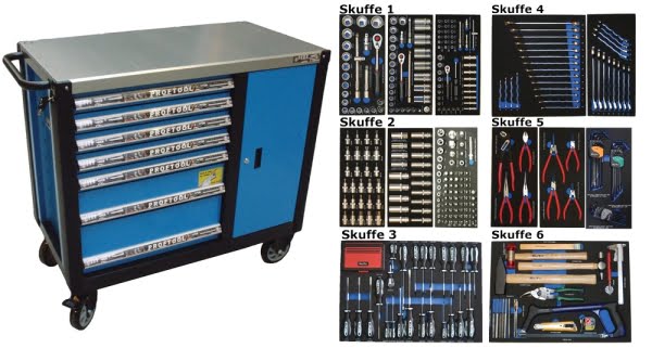 BATO Værktøjsvogn XXL med skab - 7 skuffer. 6 skuffer med 468 dele værktøj. Model 9147-468. Blå