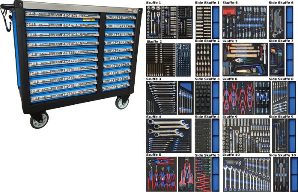 BATO Værktøjsvogn XXL med 20 skuffer med 723 dele værktøj. Model 9152-723. Blå
