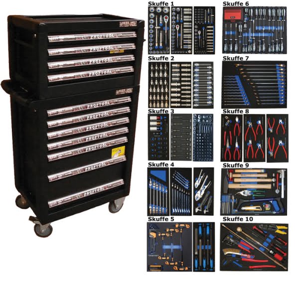 BATO Værktøjsvogn med 11 skuffer. 10 skuffer med 526 dele værktøj. Model 9125-526. Sort