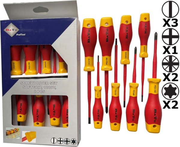 BATO Skruetrækkersæt 1000V. Kærv/Ph/Pz/Torx 8 dele.