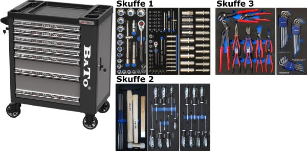 BATO Værktøjsvogn med 7 skuffer og endeskab. 157 dele værktøj i 3 skuffer. Model 9114-157 grå