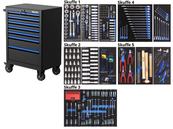 BATO Værktøjsvogn med 7 skuffer. 5 skuffer med 356 dele værktøj. Model 9107-356. Sort