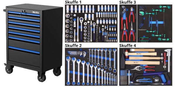 BATO Værktøjsvogn TOMMER med 7 skuffer. 4 skuffer med 175 dele værktøj. Model 9107-175T. Sort
