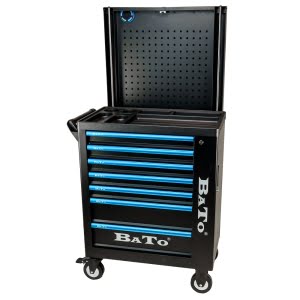 BATO Værktøjsvogn 7 skuffer. 5 små, 1 mellem, 1 stor. Bluetooth højtaler, endeskab og elevatortavle for 50kg. Sort/blå